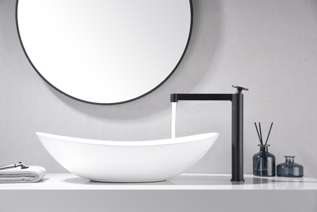 Eengreeps wastafelmengkraan met hoge uitloop Olimpo matzwart