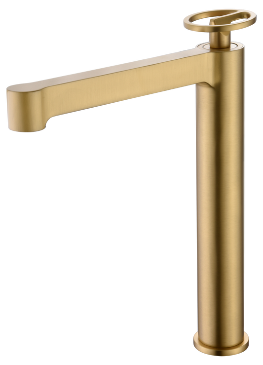 Eengreeps wastafelmengkraan met hoge uitloop Olimpo geborsteld goud
