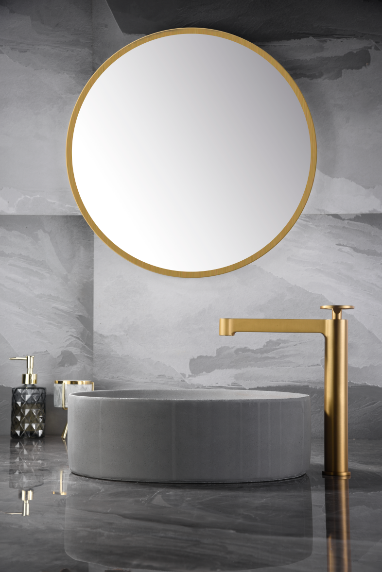 Eengreeps wastafelmengkraan met hoge uitloop Olimpo geborsteld goud