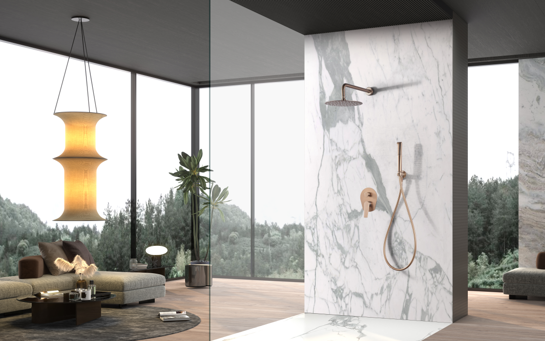 Eengreeps inbouwdoucheset Delos geborsteld roségoud